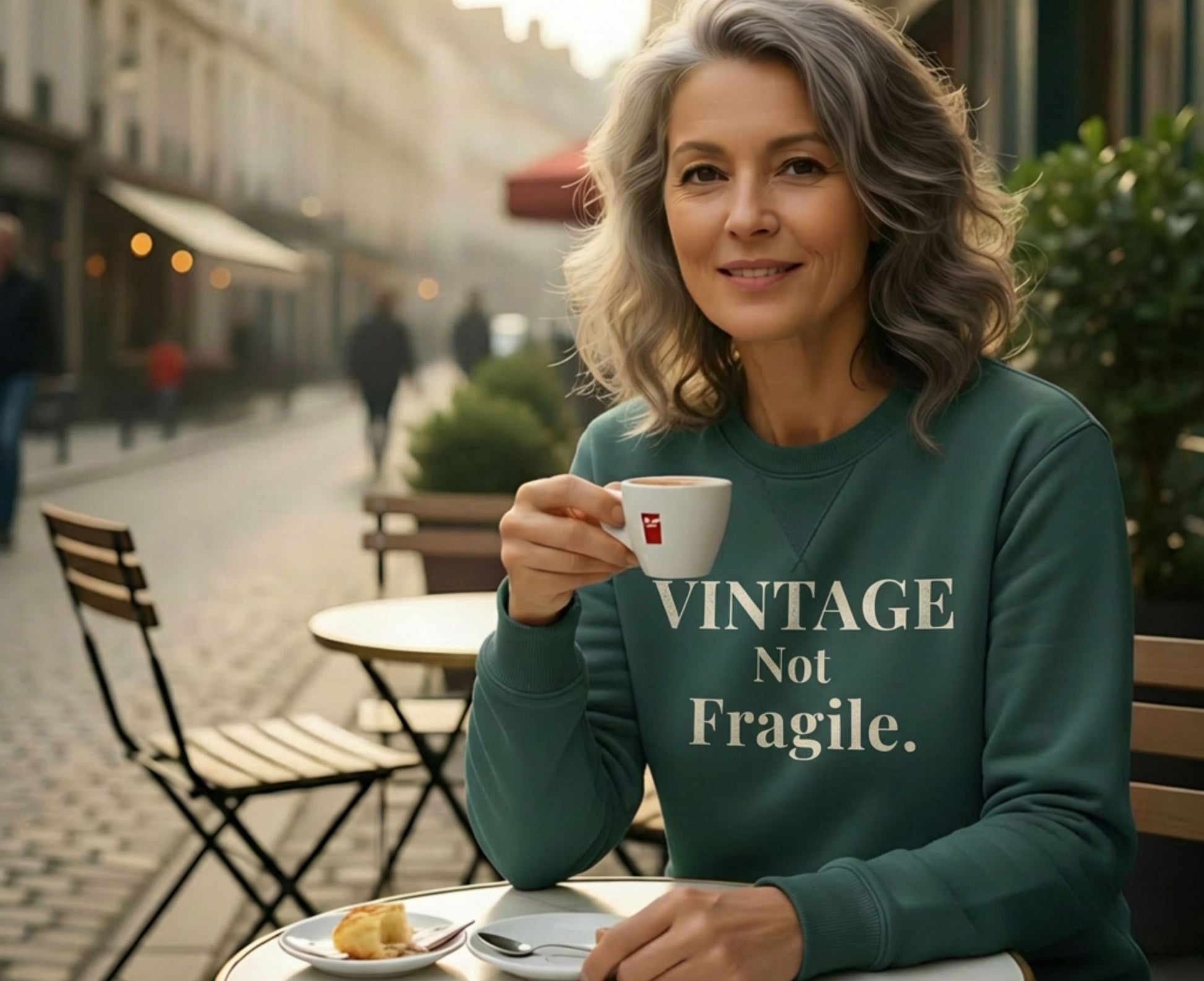 Woman in green sweatshirt with "VINTAGE Not Fragile" text holding coffee cup at cafe.