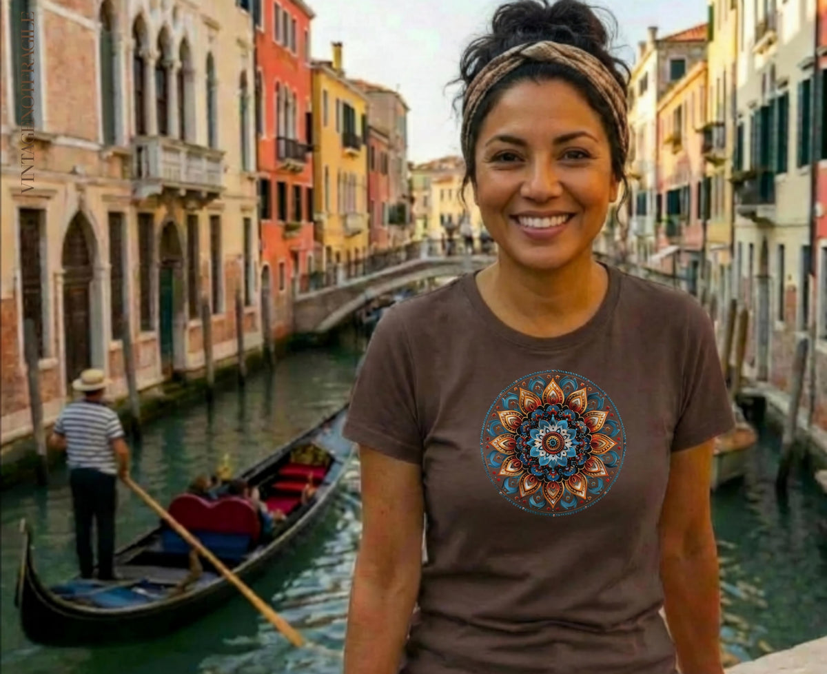 Brown t-shirt with colorful mandala design, woman in Venice with gondola.