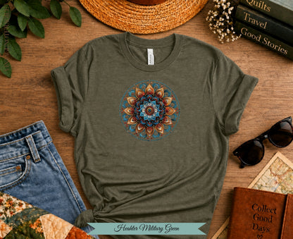 Heather military green t-shirt with a colorful mandala design.