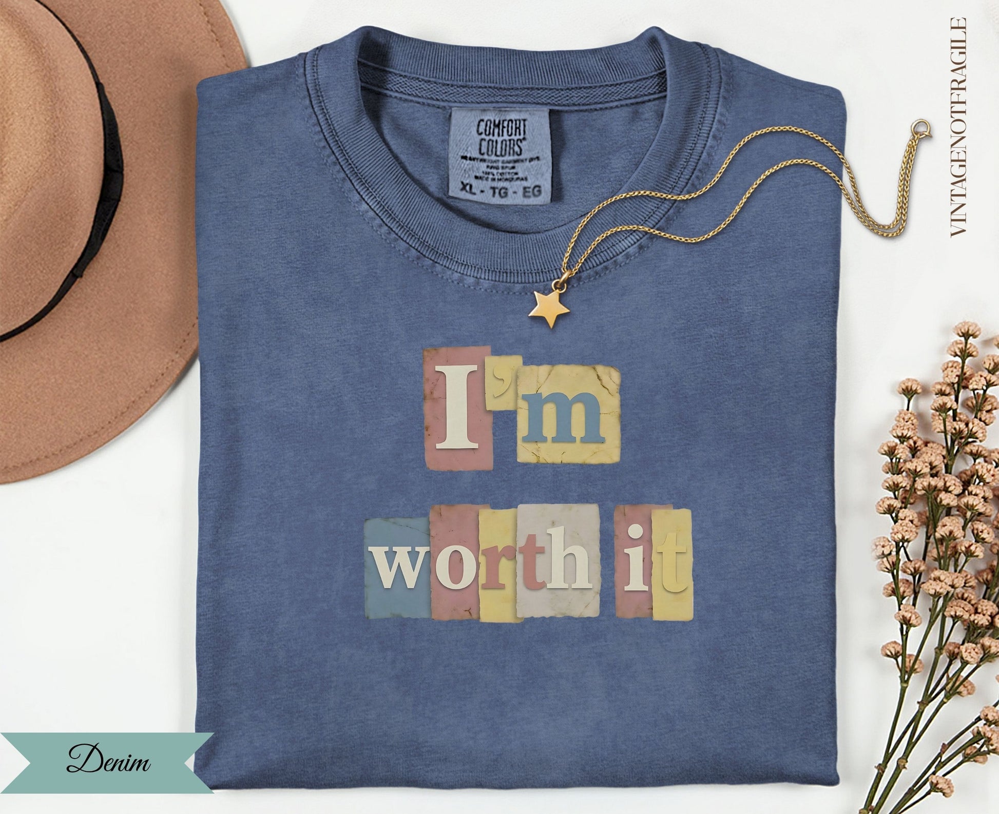 Comfort Colors t-shirt with "I'm worth it" text in colorful blocks and a gold star.