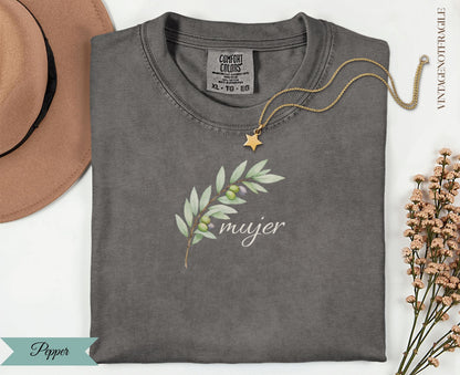 Dark grey t-shirt with olive branch and "mujer" text.