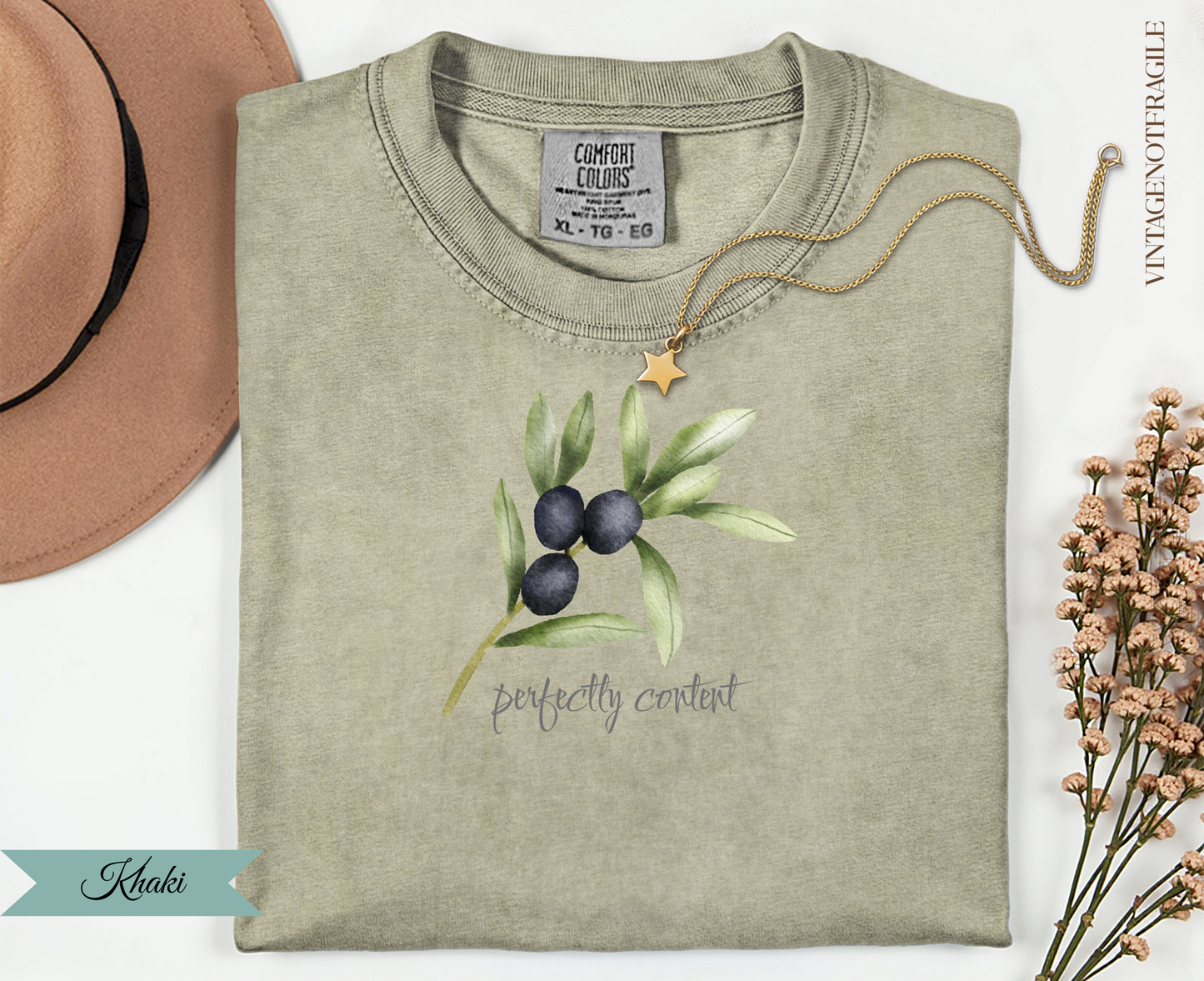Khaki t-shirt with olive branches and "perfectly content" text.