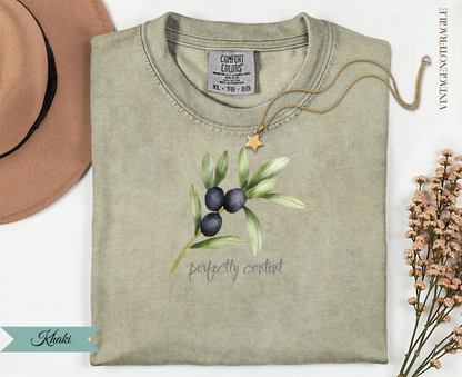 Khaki t-shirt with olive branches and "perfectly content" text.