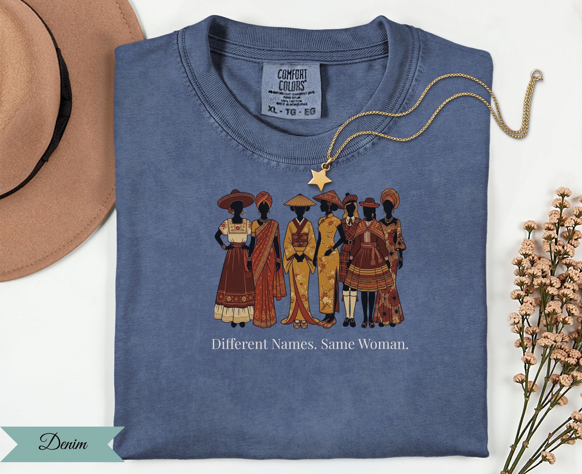 T-shirt with diverse women graphic and text "Different Names. Same Woman."