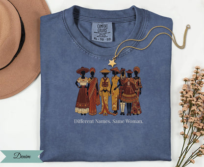 T-shirt with diverse women graphic and text "Different Names. Same Woman."