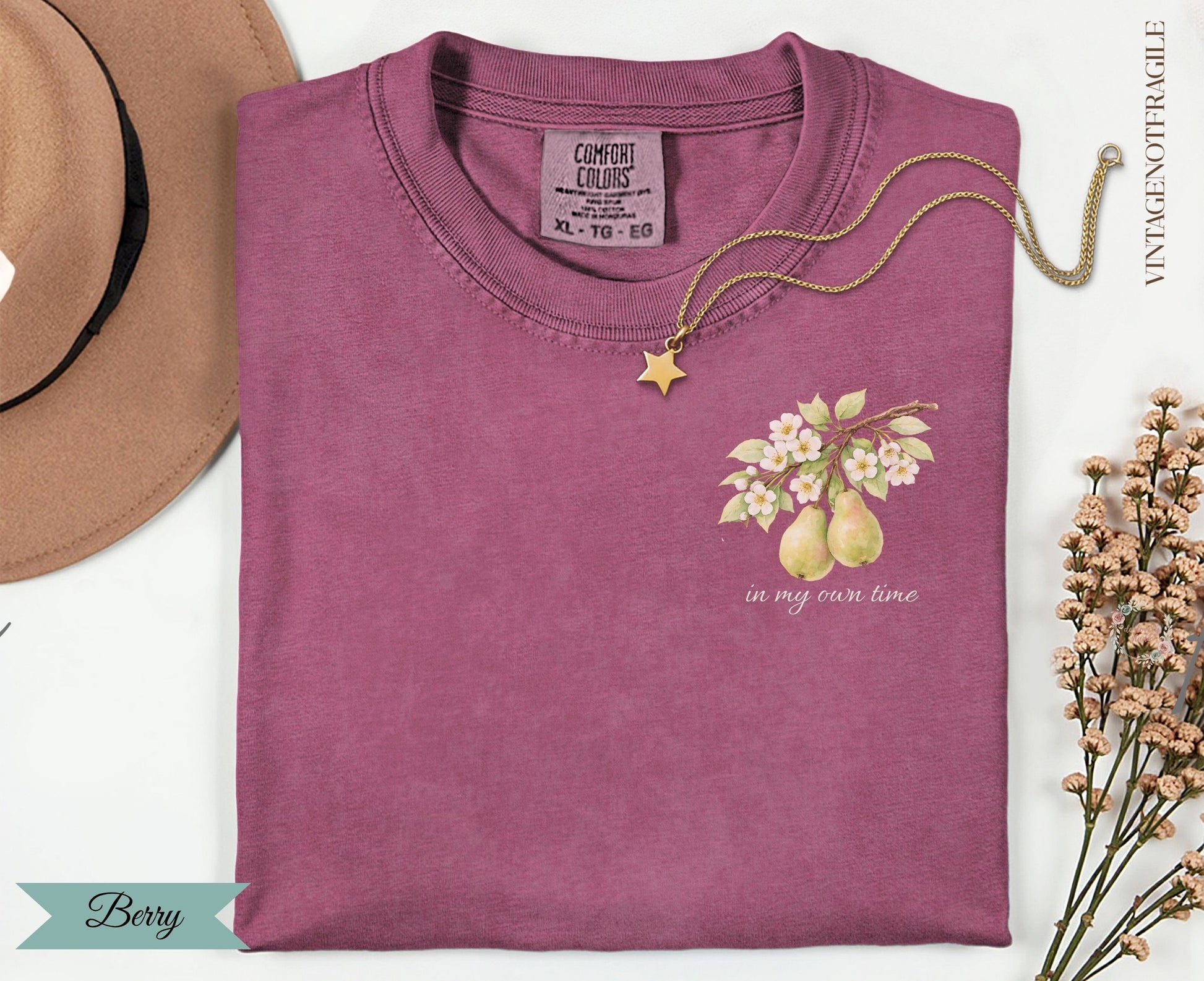 Berry Comfort Colors t-shirt with pears and flowers, "in my own time."
