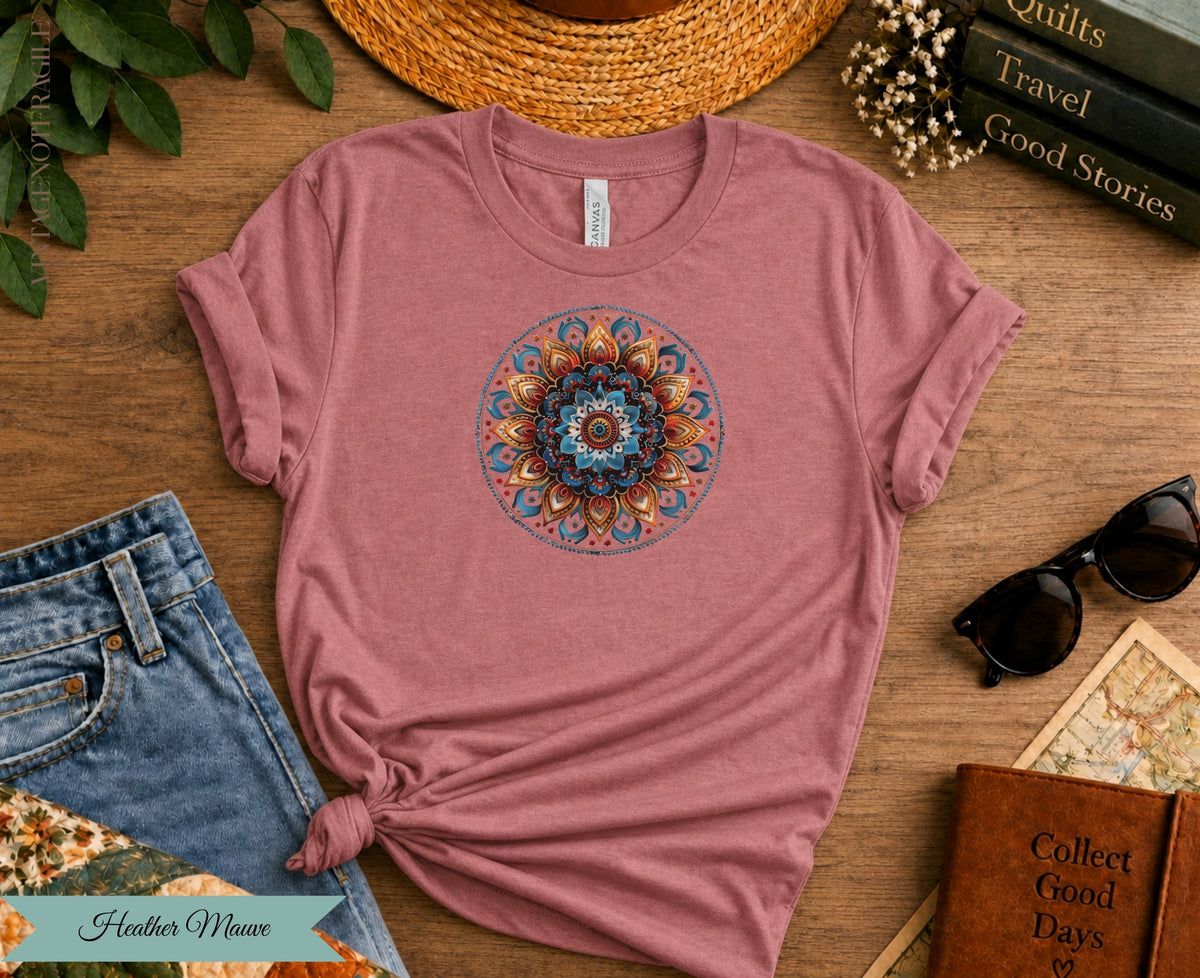 Heather Mauve t-shirt with colorful mandala design, paired with jeans.