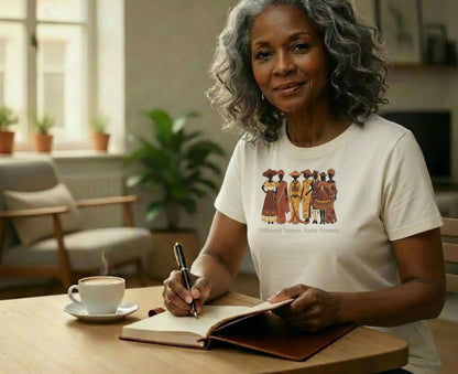 Woman in armchair wearing t-shirt with graphic of women and text "Different Names. Same Woman."