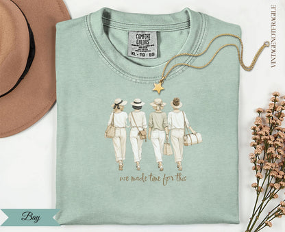 Illustration of four women in white outfits walking with text "we made time for this".