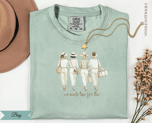 Illustration of four women in white outfits walking with text "we made time for this".