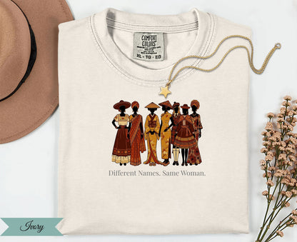 Cream t-shirt with diverse women in traditional attire and quote.