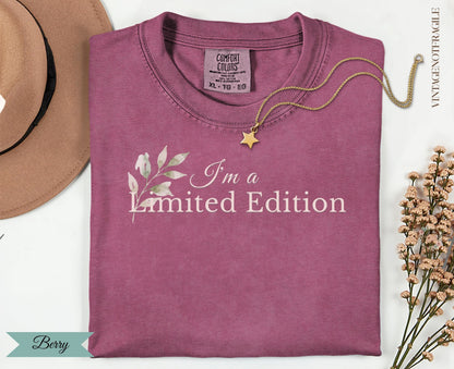 Berry t-shirt with "I'm a Limited Edition" text and floral design.