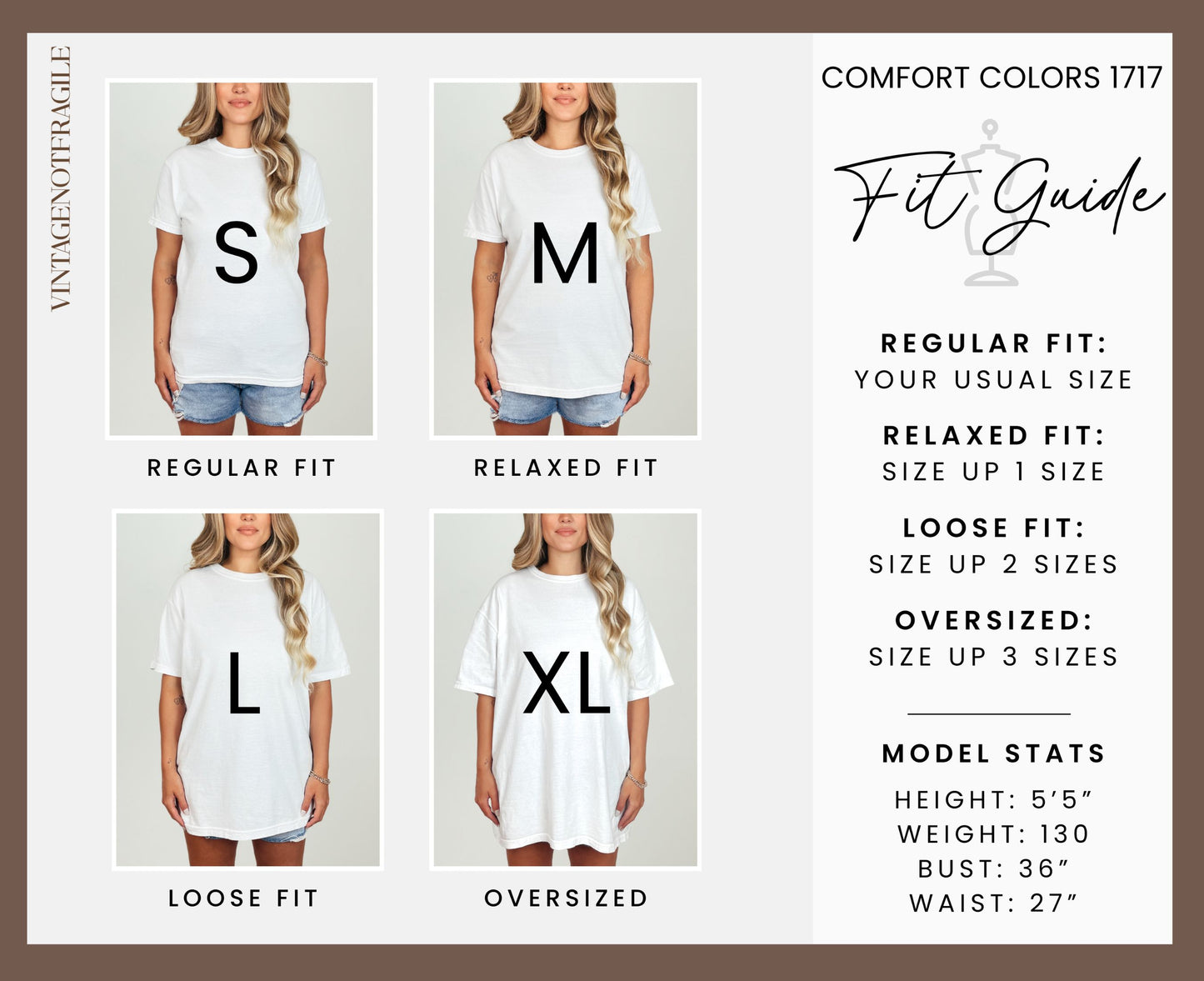 Comfort Colors 1717 fit guide showing S, M, L, XL shirts and model stats.
