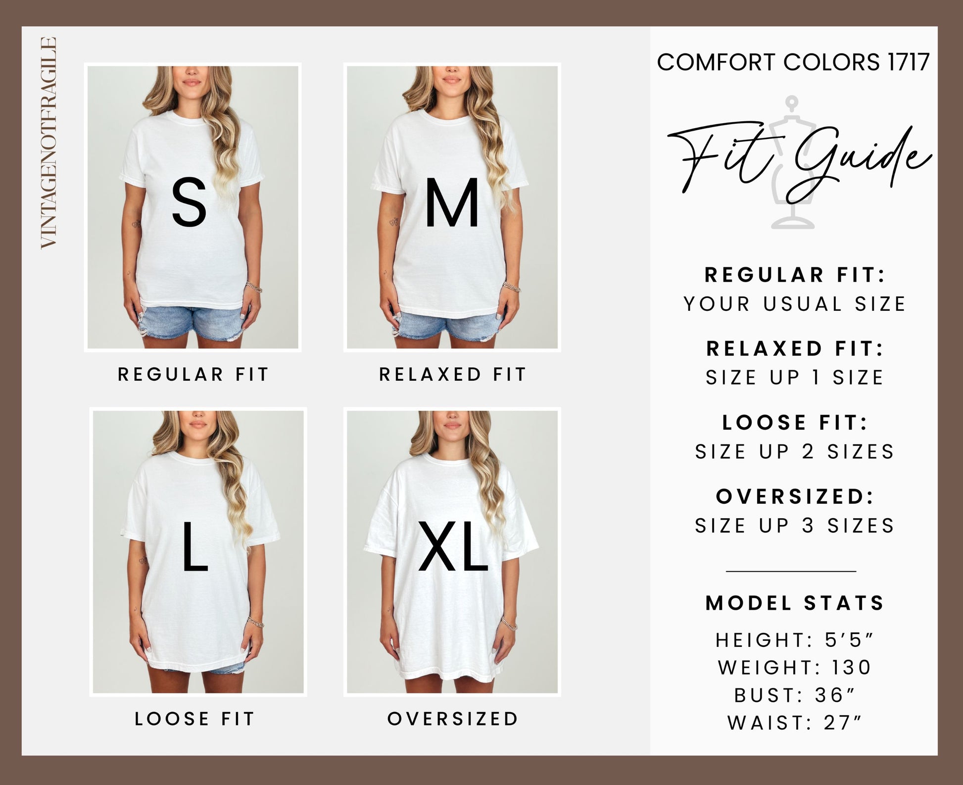 Comfort Colors 1717 fit guide showing S, M, L, XL shirts and model stats.