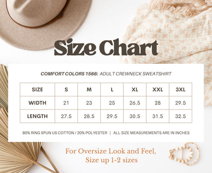 Comfort Colors 1566 adult sweatshirt size chart with width and length measurements.