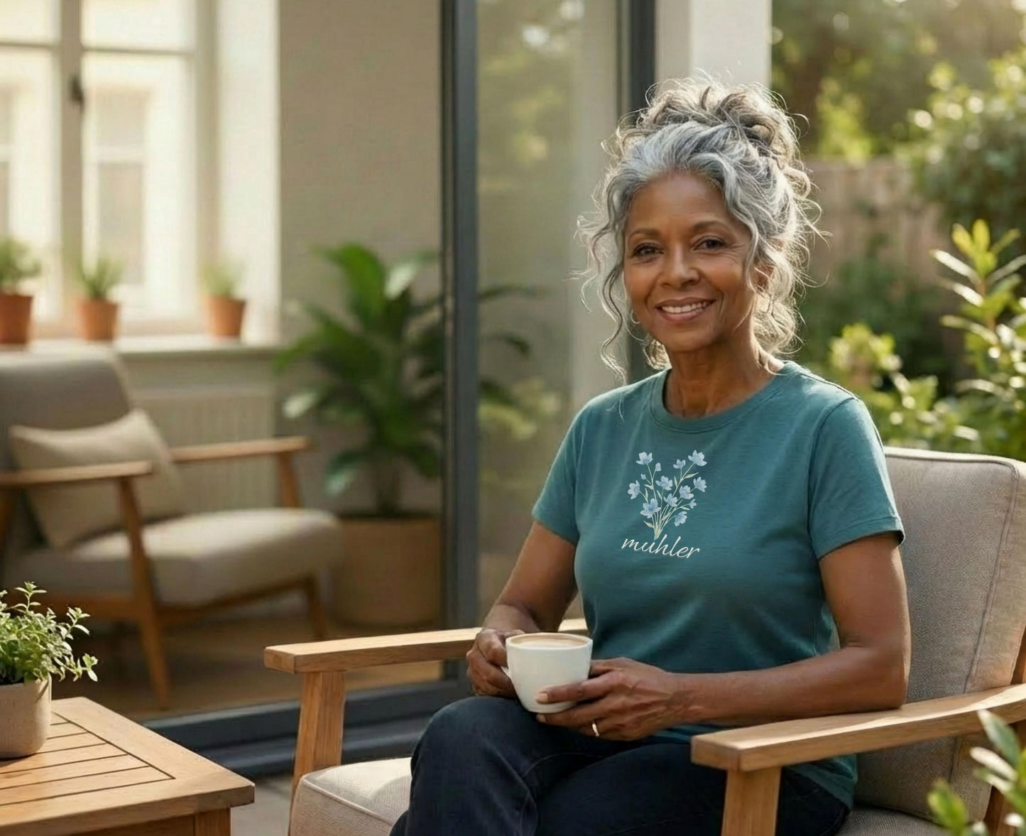 Woman in teal shirt with floral design holding coffee cup outdoors.
