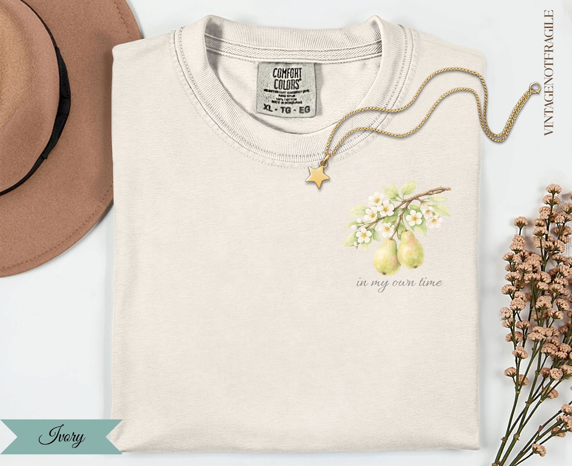 Ivory Comfort Colors t-shirt with watercolor pears and "in my own time" text.