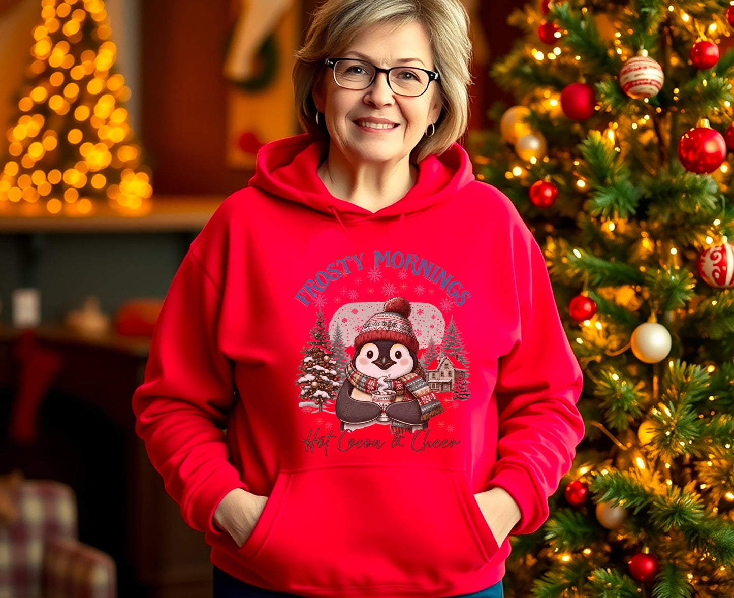 Frosty Mornings Hot Cocoa & Cheer Hoodie| Cozy Winter Hot Chocolate Christmas Penguin Sweatshirt