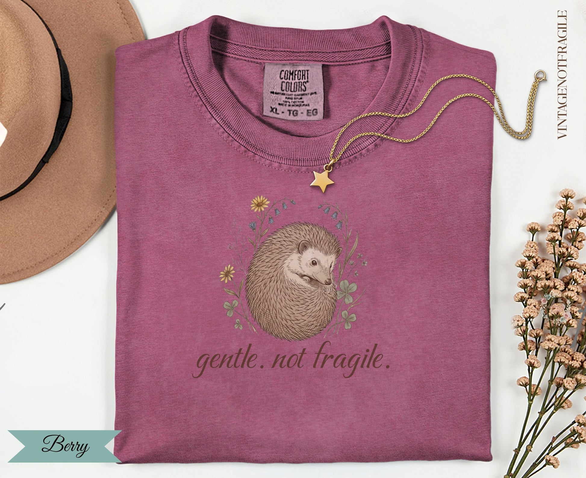 Berry Comfort Colors t-shirt with hedgehog and "gentle. not. fragile." text.