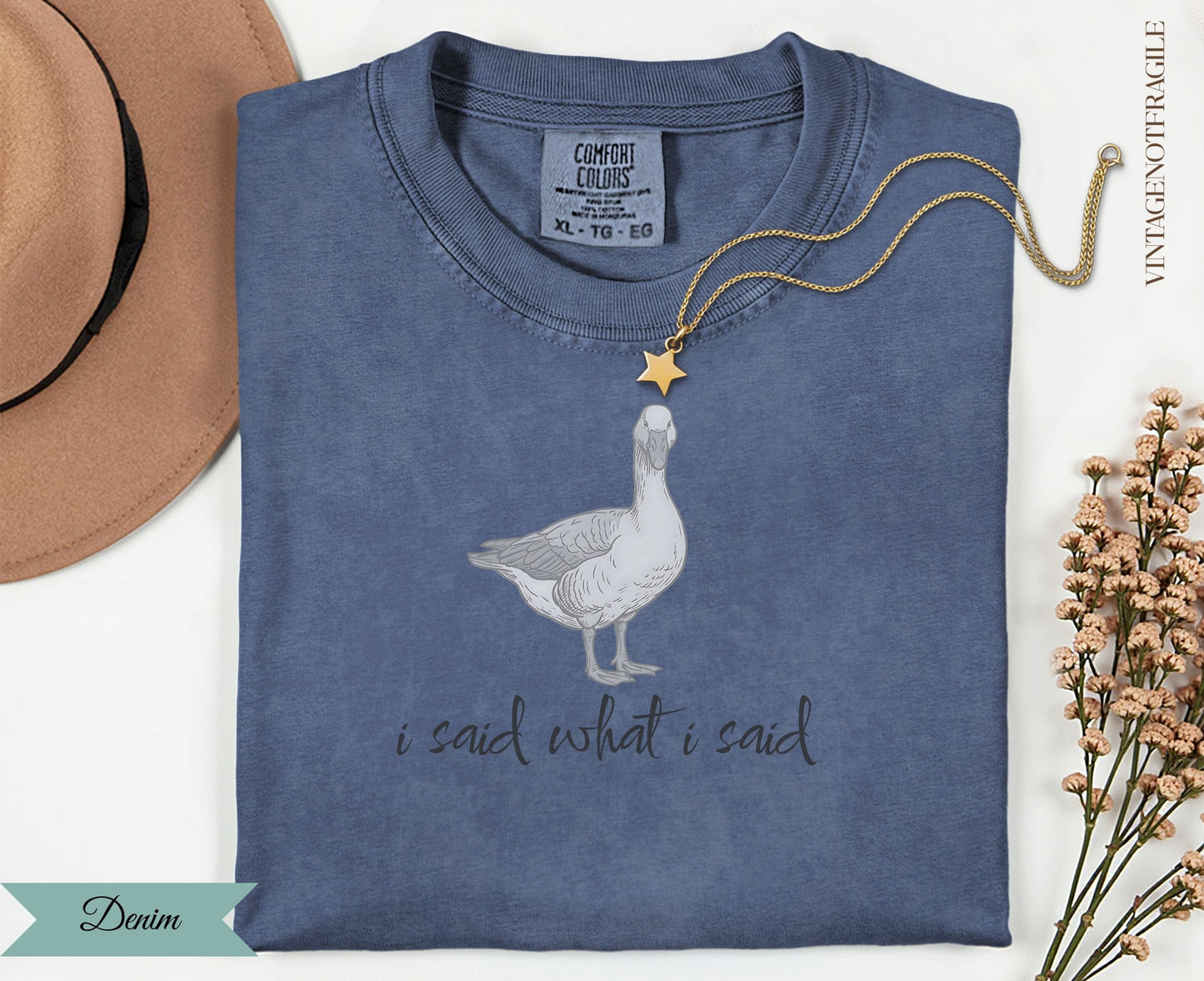 Blue t-shirt with goose graphic and "i said what i said" text.