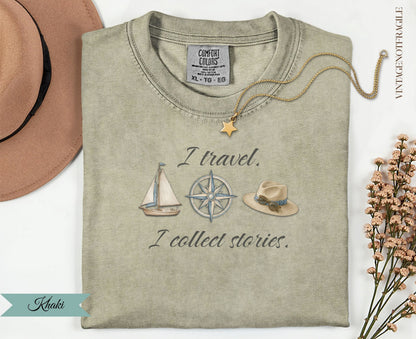 Khaki t-shirt with nautical and travel graphics and text.