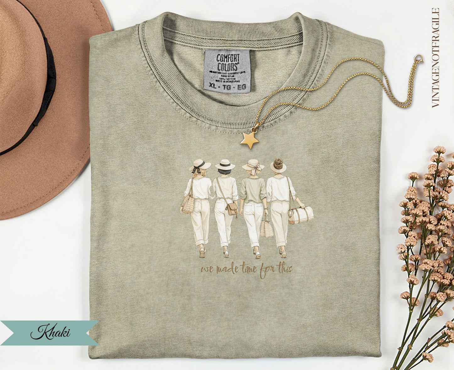 Khaki Comfort Colors t-shirt with women walking and "we made time for this" text.