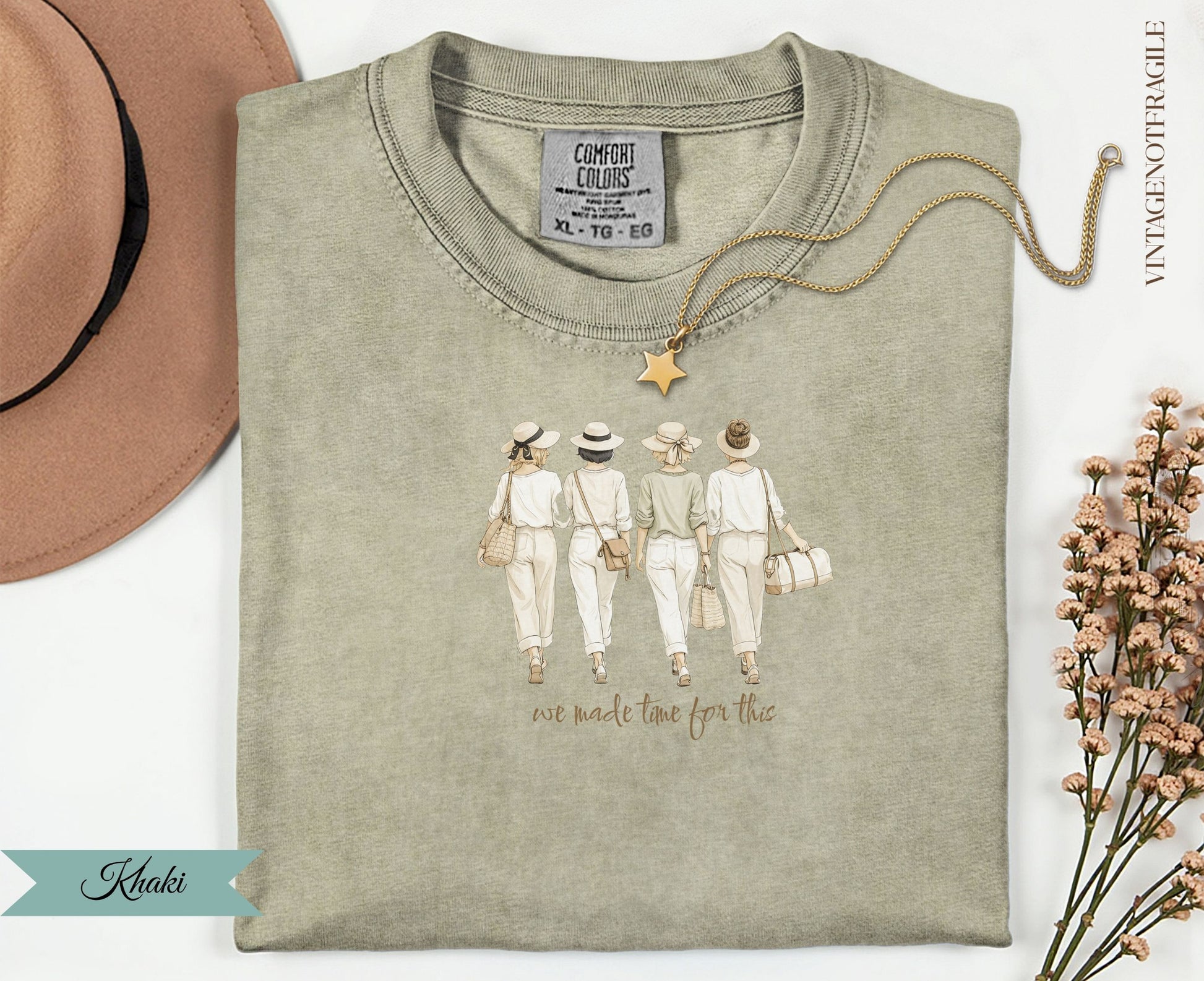 Khaki Comfort Colors t-shirt with women walking and "we made time for this" text.
