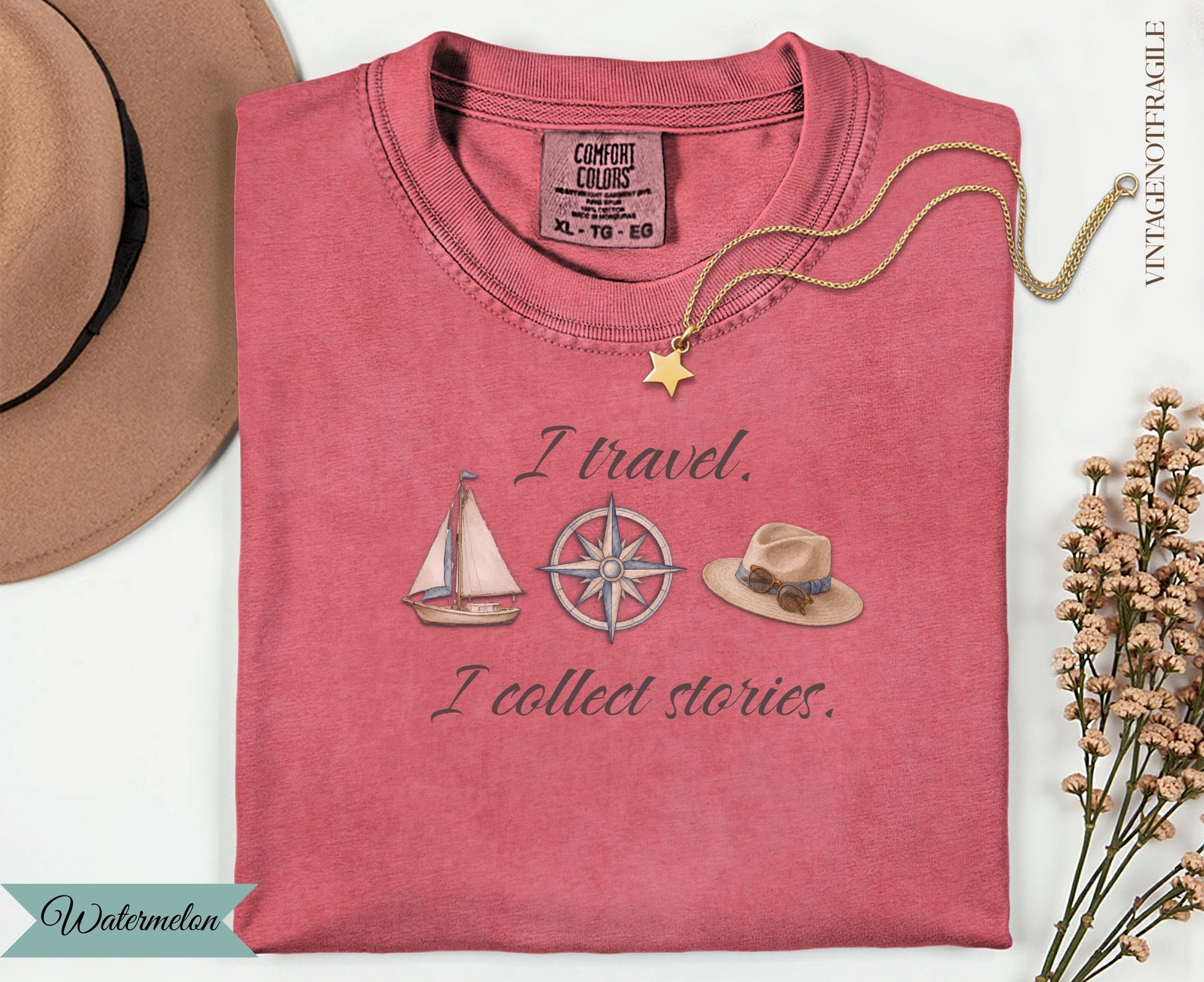 Coral t-shirt with "I travel. I collect stories." text and travel icons.