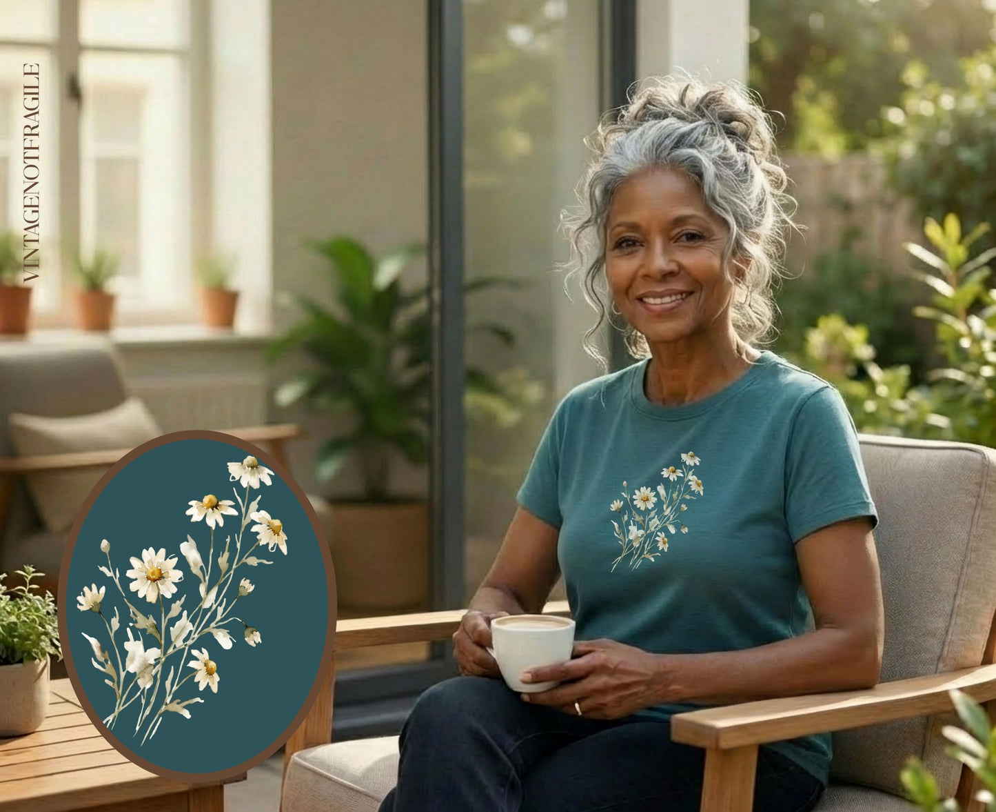 Woman wearing a dark teal t-shirt with daisy embroidery.
