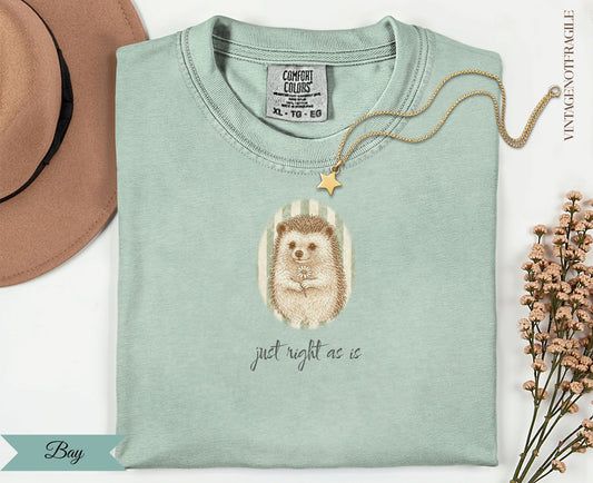 Mint t-shirt with hedgehog illustration and text "just right as is".