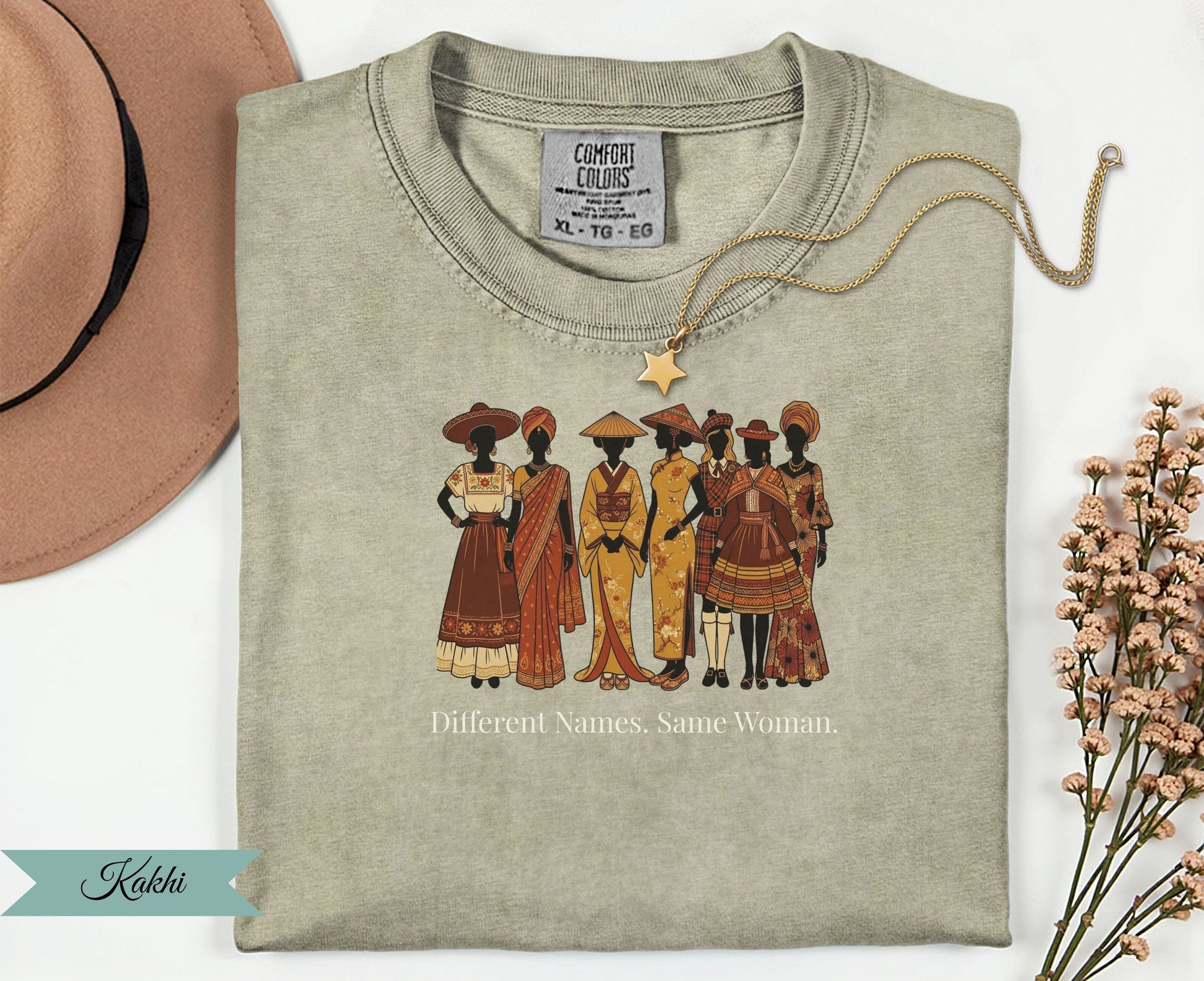 T-shirt featuring diverse women illustration and text "Different Names. Same Woman."