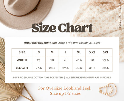 Comfort Colors 1566 sweatshirt size chart with width and length in inches.