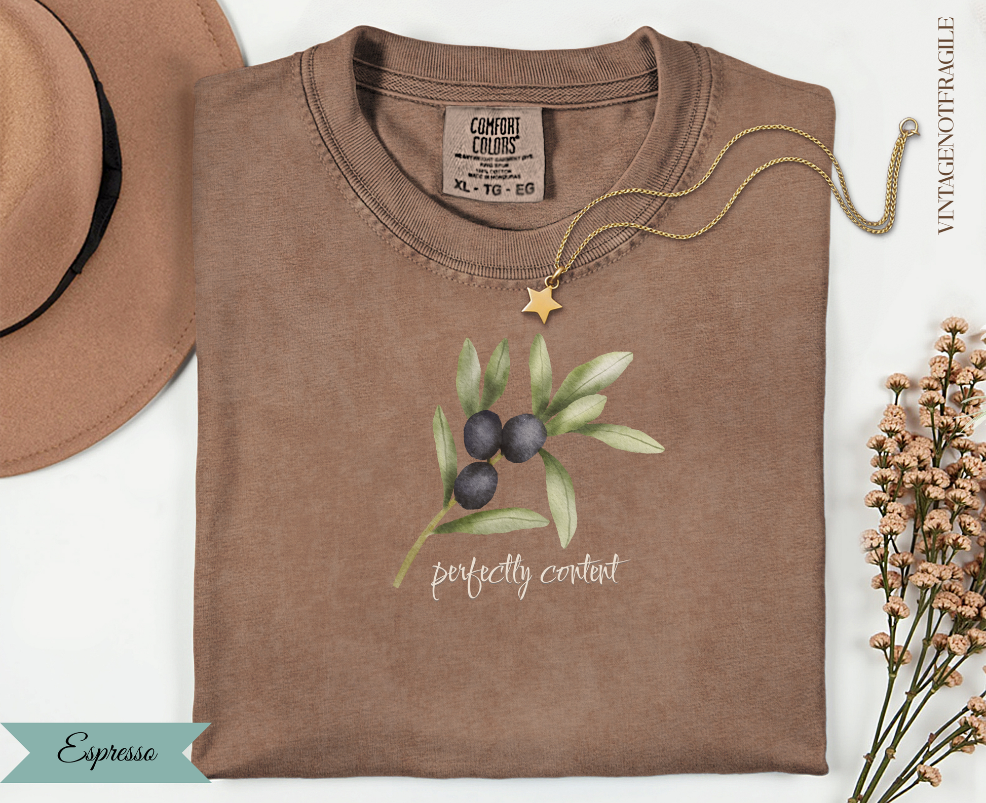 Brown t-shirt with olive branch graphic and text "perfectly content".