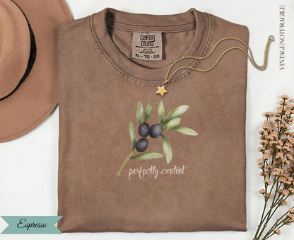 Brown t-shirt with olive branch graphic and text "perfectly content".