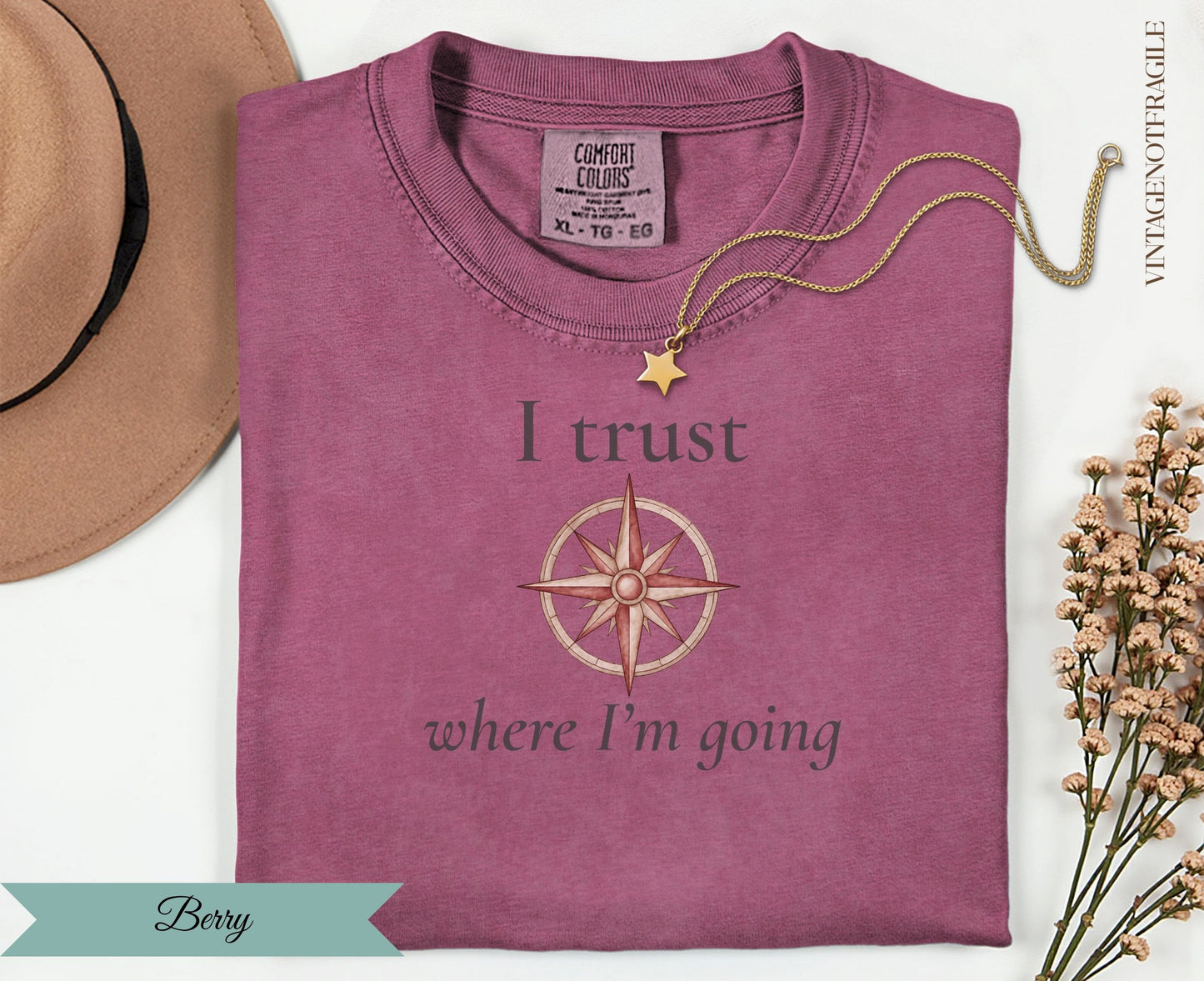Berry t-shirt with "I trust where I'm going" and compass graphic.