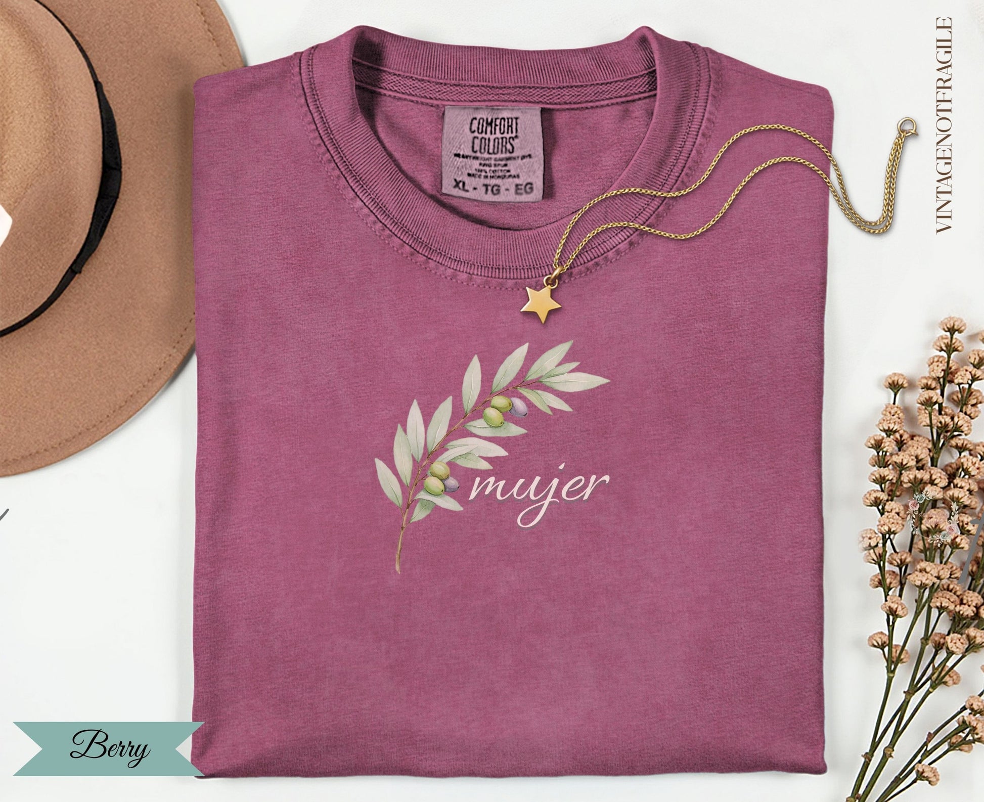 Berry Comfort Colors t-shirt with olive branch and "mujer" text.