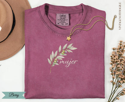 Berry Comfort Colors t-shirt with olive branch and "mujer" text.