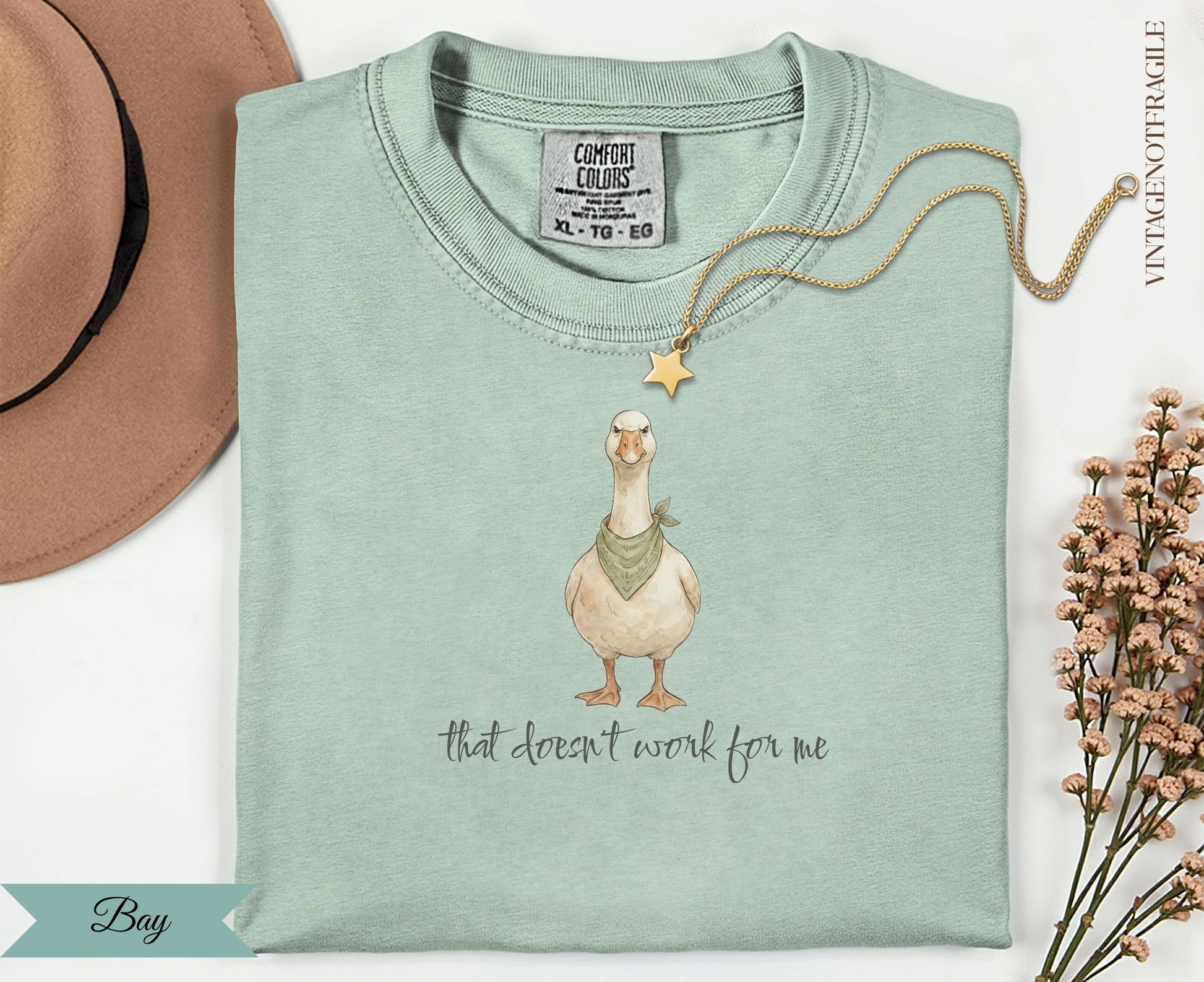 Light green t-shirt with a goose in a bandana saying "that doesn't work for me".